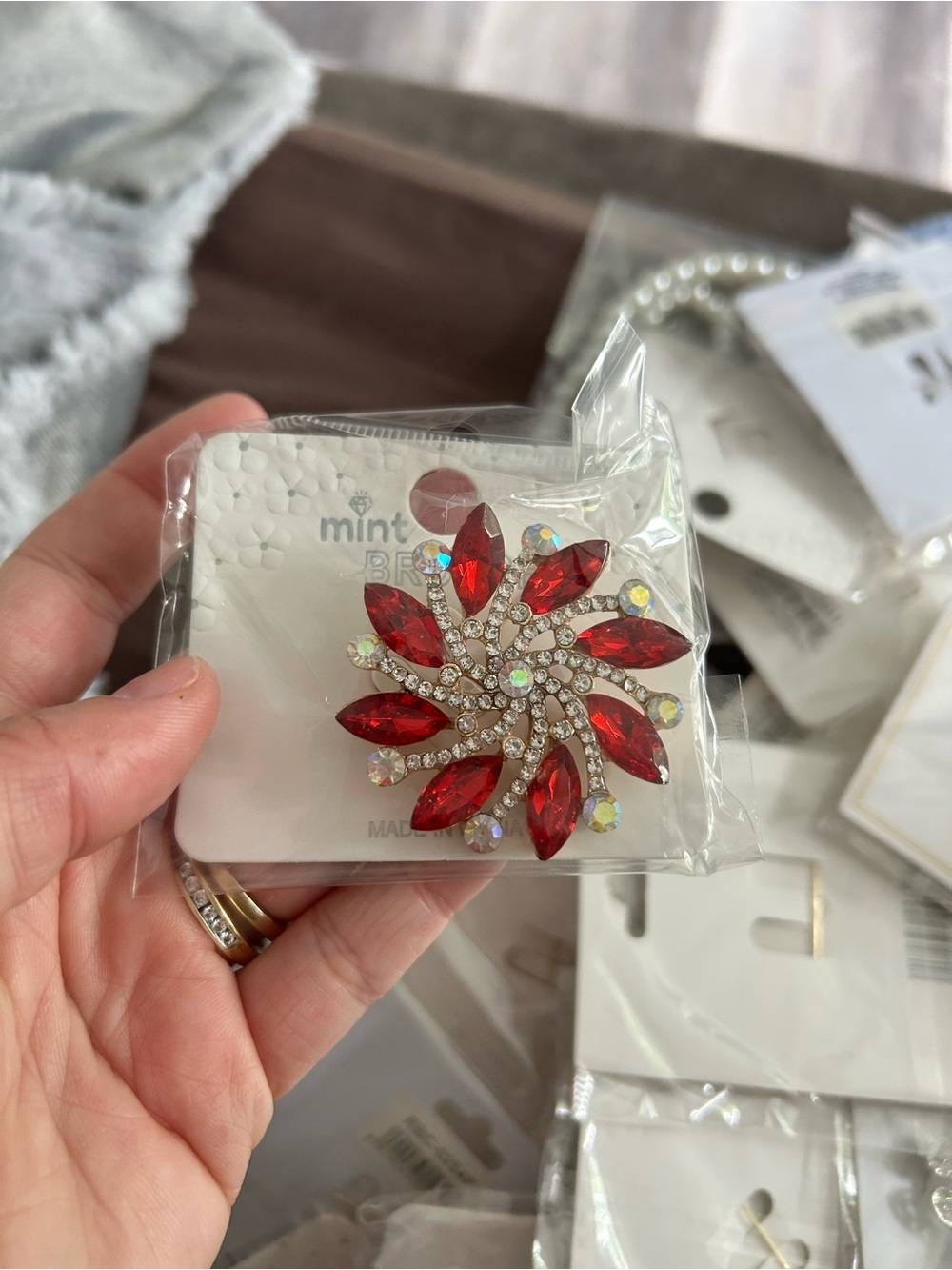 4/$50 Mint Red Crystal Floral Pin Brooch
